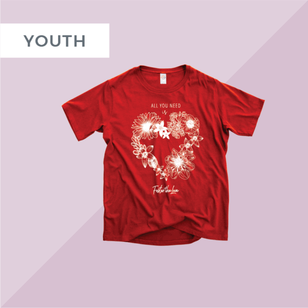 All You Need Is Love short sleeve t-shirt in red, benefitting Foster The Love Louisiana